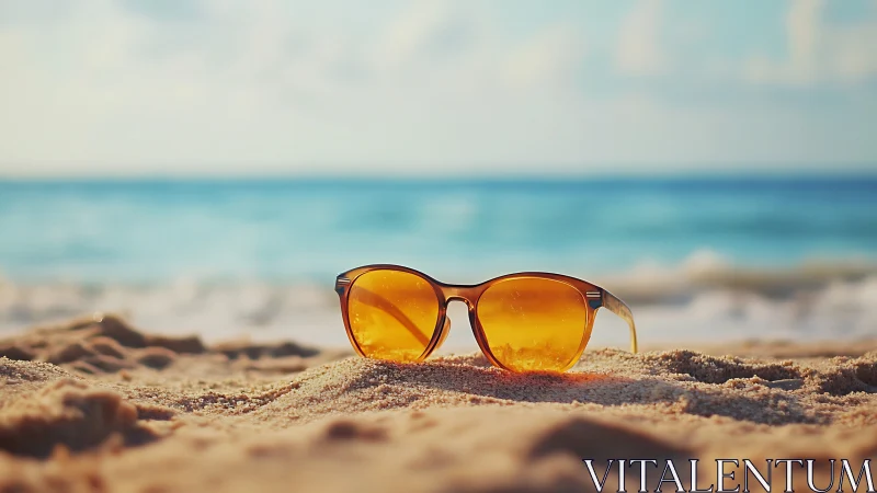 Amber sunglasses rest on warm sand beside tranquil sea