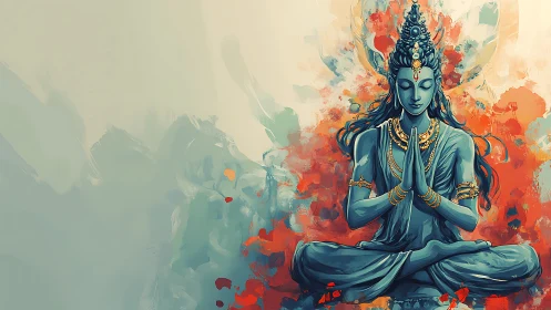 Digital painting of serene blue deity in meditative symmetry.