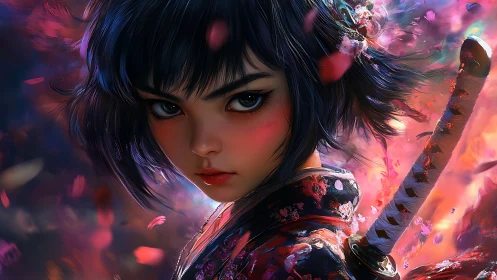 Fiery petal storm surrounding resolute anime sword maiden.