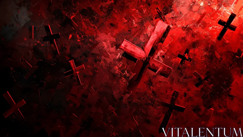 Crimson crosses drift like shattered beacons through static
