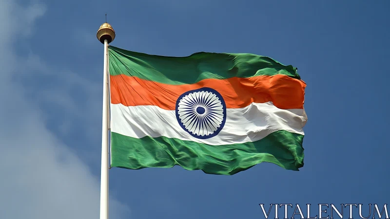 Photorealistic Indian tricolor flag against clear sky backdrop.