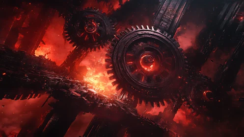 Massive burning gears in dark industrial inferno scene.