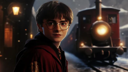 Photorealistic boy portrait before vintage winter train scene.