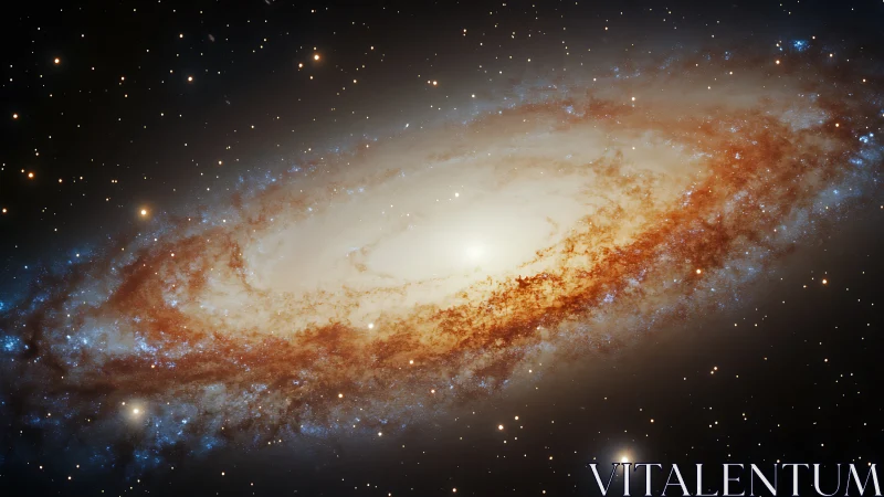 Edge-on spiral galaxy with bright core and dust lanes in space.