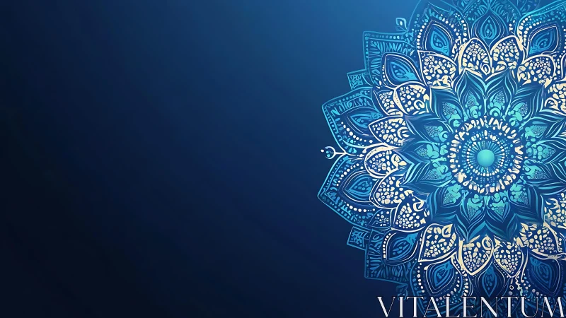 Intricate blue mandala glows over deep gradient background.