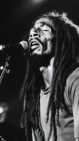 Soul-lit reggae singer in monochrome spotlight rapture.