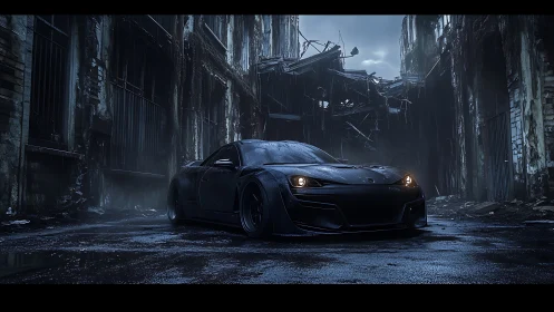 Black sports car parked in dark ruined city alleyway.