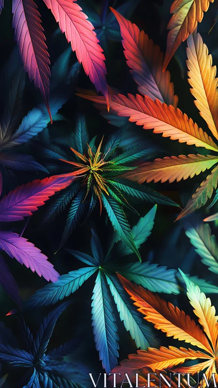 Radiant multicolor cannabis leaves in luminous spectrum pattern.