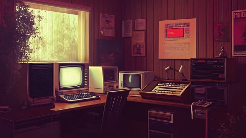 Retro computer and audio workstation in paneled study.