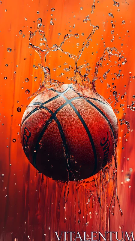 Basketball splash impact against vivid orange backdrop.
