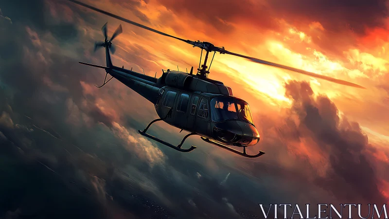 Utility helicopter banking through dramatic sunset clouds.