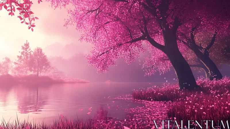 Pink lakeside cherry trees under soft sunset light.