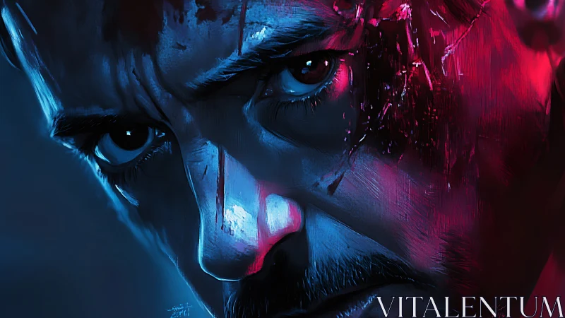Intense male portrait in cinematic red and blue lighting.