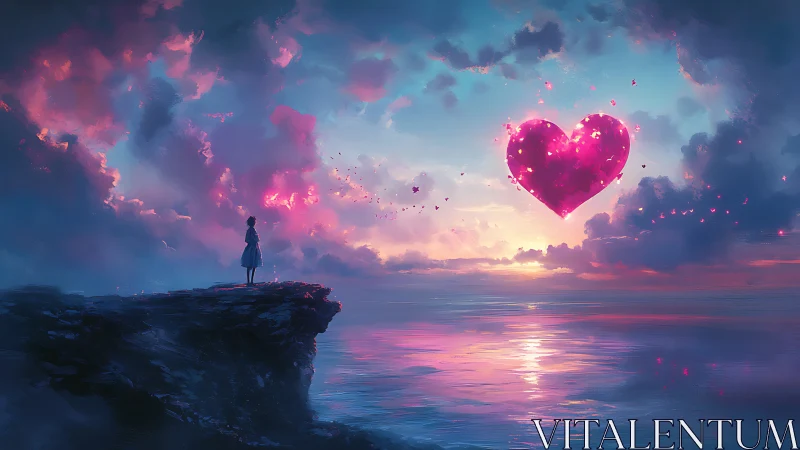 Woman on Cliff with Glowing Heart Sky.