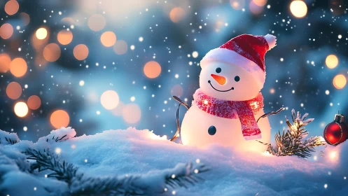 Snowman glows like a tiny lantern in dreamy winter bokeh