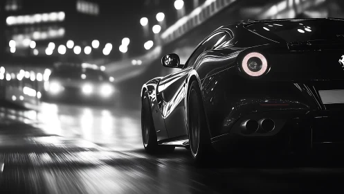 Rear-quarter supercar study in nocturnal urban motion blur.