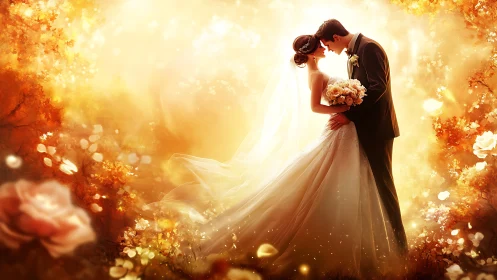 Romantic wedding couple kissing in glowing floral garden.