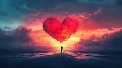 Figure Standing Before Luminous Heart in Sunset Sky.