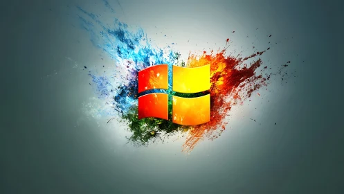 Windows logo bursts through vibrant digital paint splash.