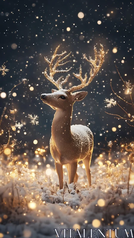Snowlit stag crowned in golden winter starlight glow.