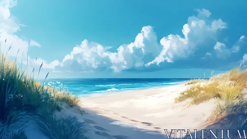 Sunlit dune pathway slipping into a dreambright ocean horizon.