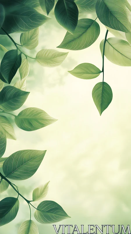 Soft green foliage border against glowing pastel sky background.