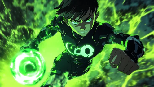 Energetic emerald construct wielder in dynamic forward thrust.