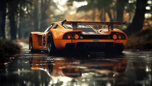 Retro endurance race car on wet forest road, rear view