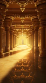 Golden columned corridor with ornamental vaulted ceiling.