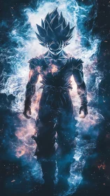 Cosmic warrior rising within swirling blue firelight.