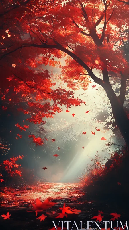 Crimson leaves drift upward as morning light carves a secret path