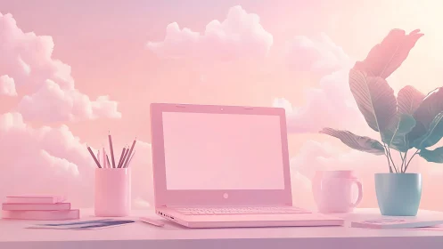 Pastel workspace with laptop, plant, and dreamy clouds.