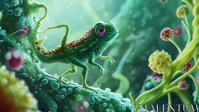 Microscopic jungle lizard rendered in bioluminescent 3D detail.