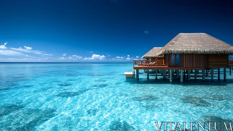 Photorealistic overwater villa with crystalline lagoon horizon framing.