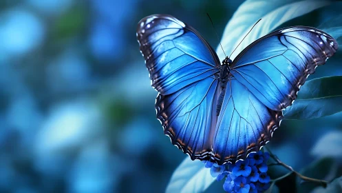 Blue morpho butterfly in cool-toned macro close-up composition.