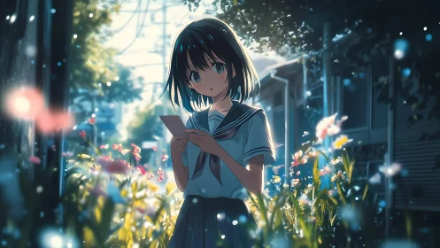 Spring-lit schoolgirl in garden reading smartphone screen.