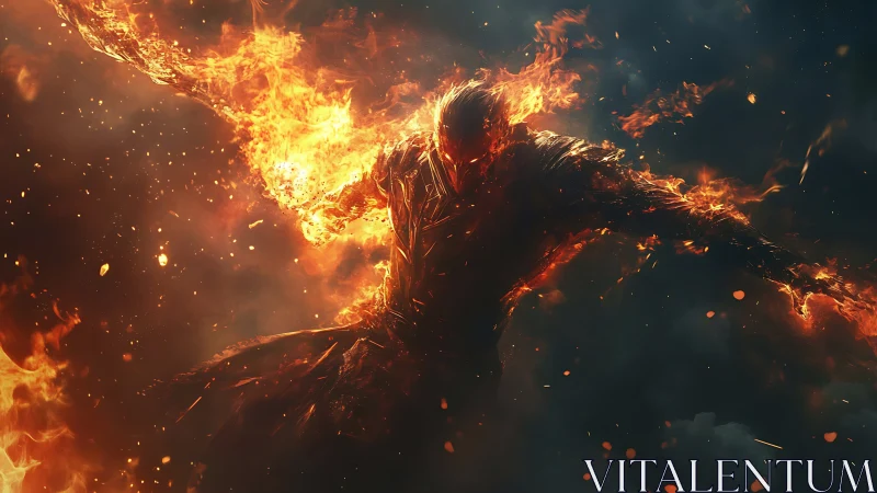 Humanoid figure composed of flames in dark smoky space.