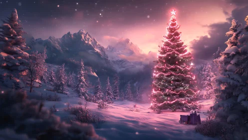 Snowy alpine valley glows around luminous Christmas tree