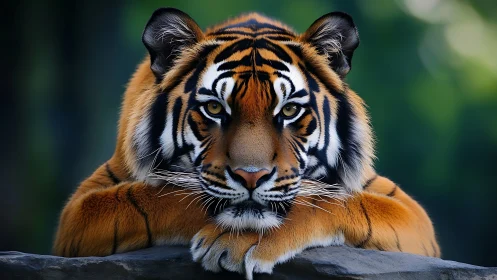 Calm tiger rests on stone ledge and meets the viewer’s gaze