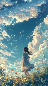 Gentle summer sky welcomes a daydreaming girl in wildflowers