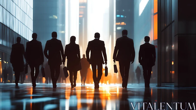 Silhouetted Business Team Walking Through Urban Canyon at Dawn