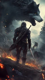 Lone warrior meets towering spectral wolf on a fiery path.