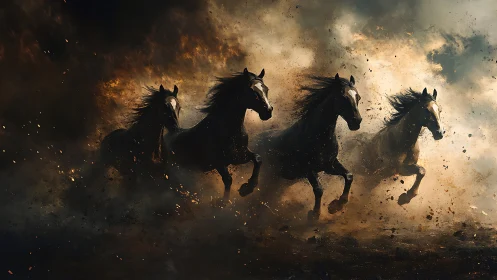 Wild black horses charge through firelit storm clouds