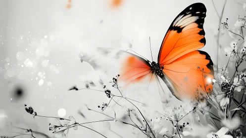 Orange butterfly on monochrome floral background in profile.
