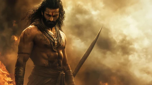 Mythic warrior stands in blazing smoke-filled battlefield.