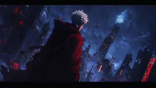 Lone white‑haired figure surveys neon dystopian skyline at night.