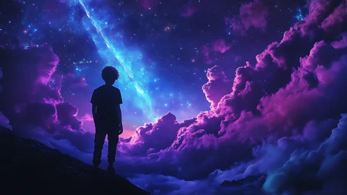 Silhouetted figure observing luminous nebula sky at night.