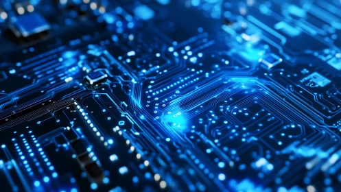 Blue illuminated motherboard traces form glowing data grid.