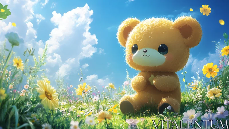 Sunlit meadow teddy dreaming under wide cotton clouds.