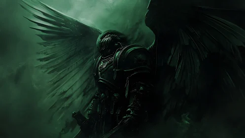 Midnight winged guardian resting in misty battle armor.